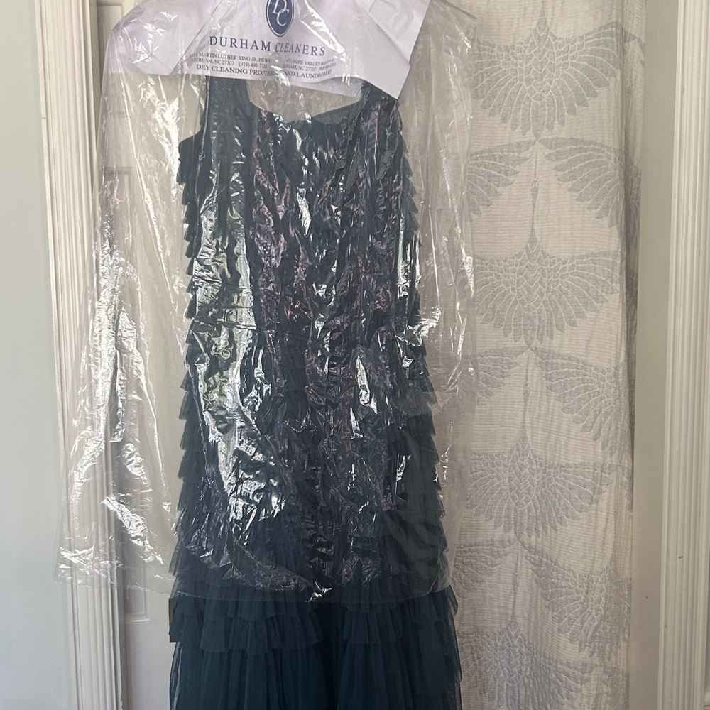 Mac Duggal Square-Neck Ruffled Tiered Tulle Formal Ball Gown Teal Green Size 10 - Picture 3 of 15